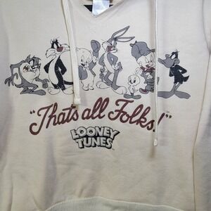 Looney Tunes Tag‎ Sweatshirt Cropped Womens Sz M Beige Cream Hoodie Pullover Y2K